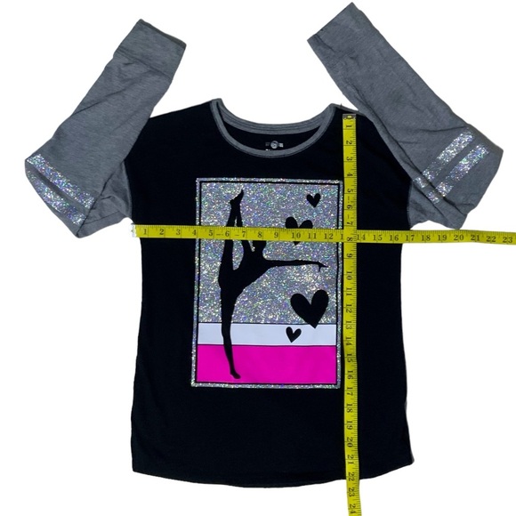 Dance Tee Shirt Long Sleeve Round Neck Glittery Ballerina Black Pink Girls 14 - Picture 2 of 15